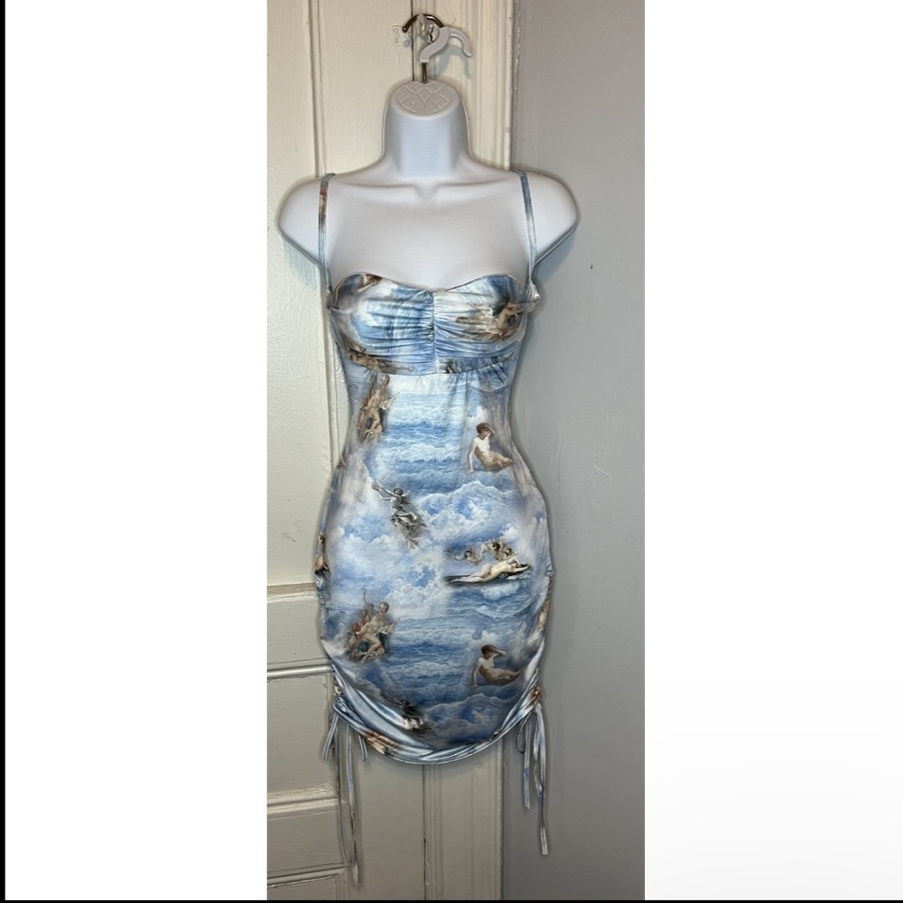 Shape Blue Renaissance Print Slinky Ruched Side Bodycon - Picture 4 of 5